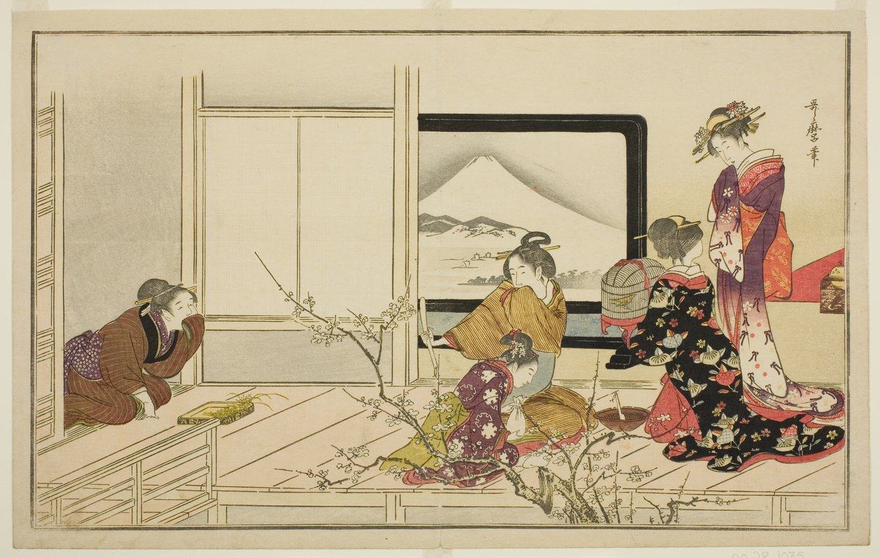 Zubereitung von Nahrung für eine Nachtigall, aus der illustrierten Kyoka-Anthologie "Männerstampf-Tanz (Otoko toka)" von Kitagawa Utamaro