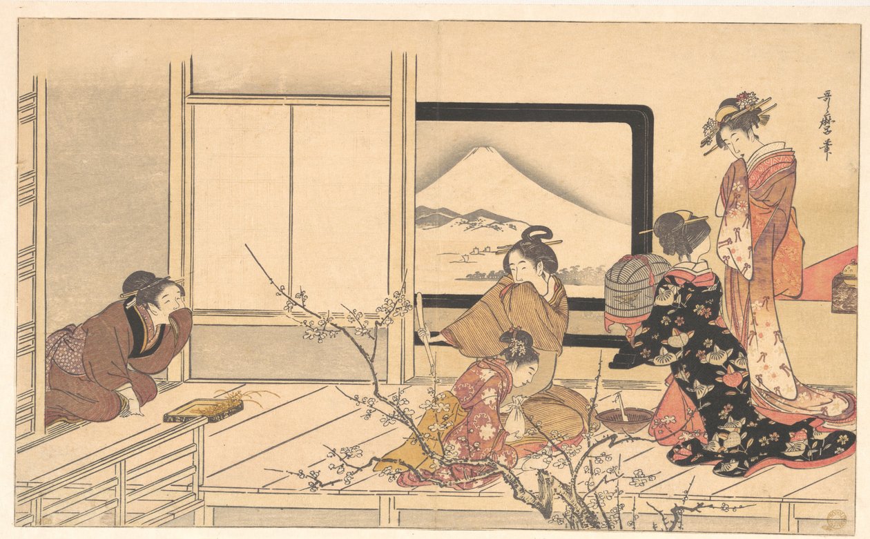 „Zubereitung von Futter für den Grasmücke“, aus dem Album Männerstampftanz (Otoko dōka, uguisu no esa suri) von Kitagawa Utamaro