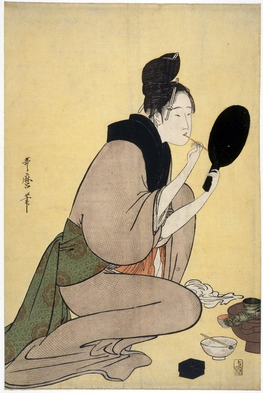 Über die Schönheit: Frau, die sich die Lippen schminkt von Kitagawa Utamaro