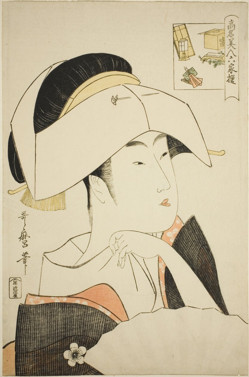 Tomimoto Toyohina, aus der Serie Berühmte Schönheiten verglichen mit den sechs unsterblichen Dichtern (Komei bijin rokkasen) (Tomimoto Toyohina) (Bilderrätsel) von Kitagawa Utamaro