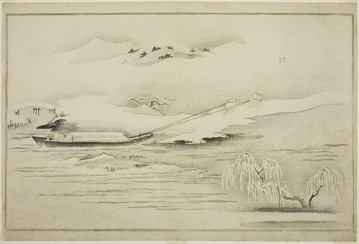 Schleppen eines Lastkahns im Schnee, aus dem Album Die Silberne Welt, 1790 von Kitagawa Utamaro