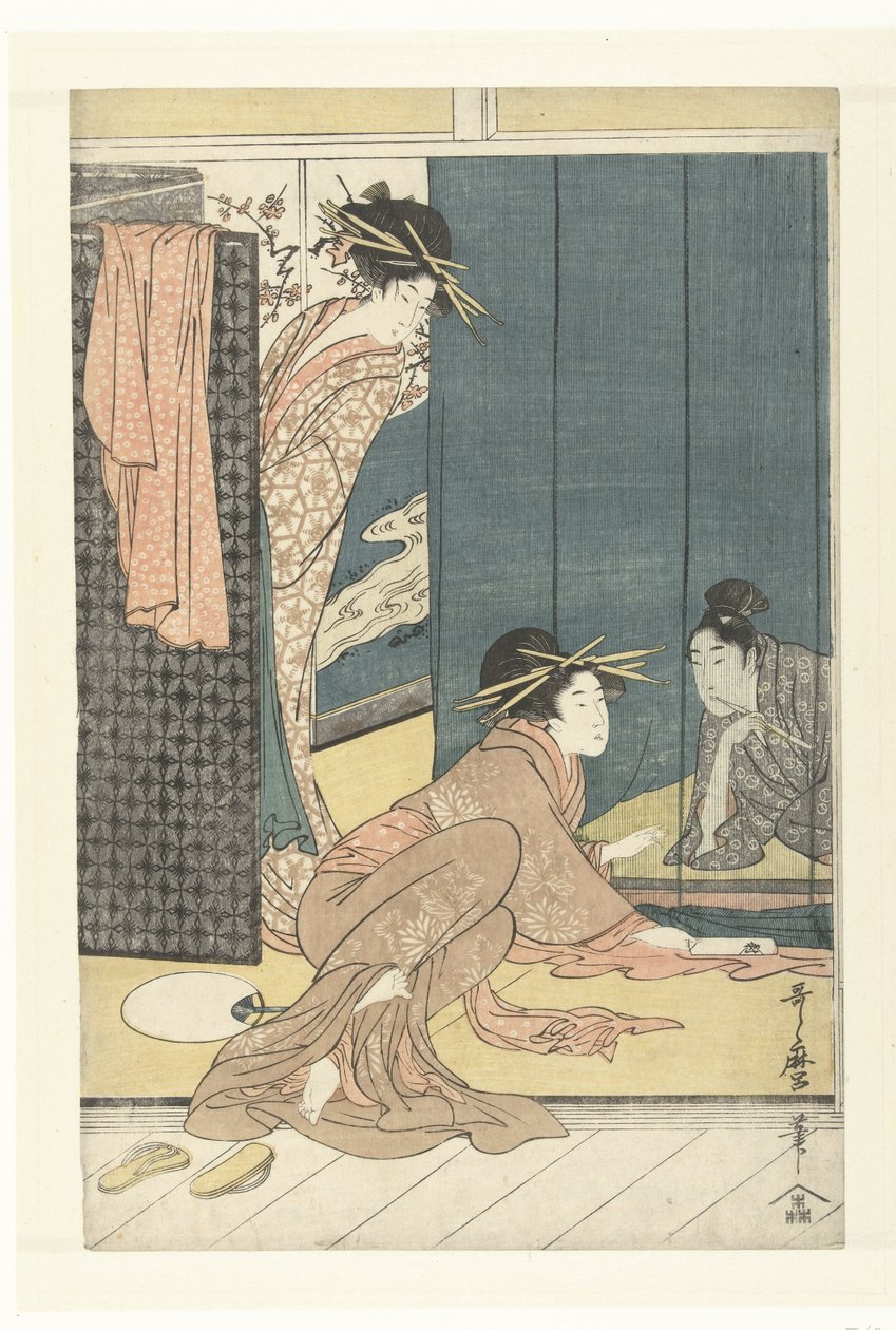Zwei Kurtisanen und ein junger Mann unter einem Moskitonetz von Kitagawa Utamaro