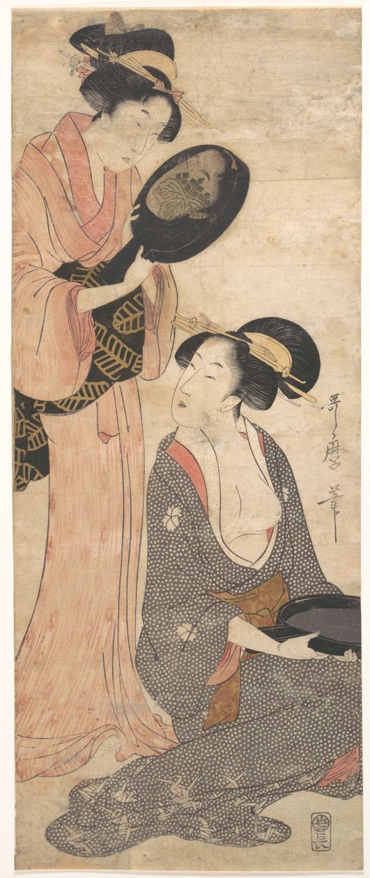 Zwei Damen, jede mit einem Teil eines lackierten Spiegels von Kitagawa Utamaro
