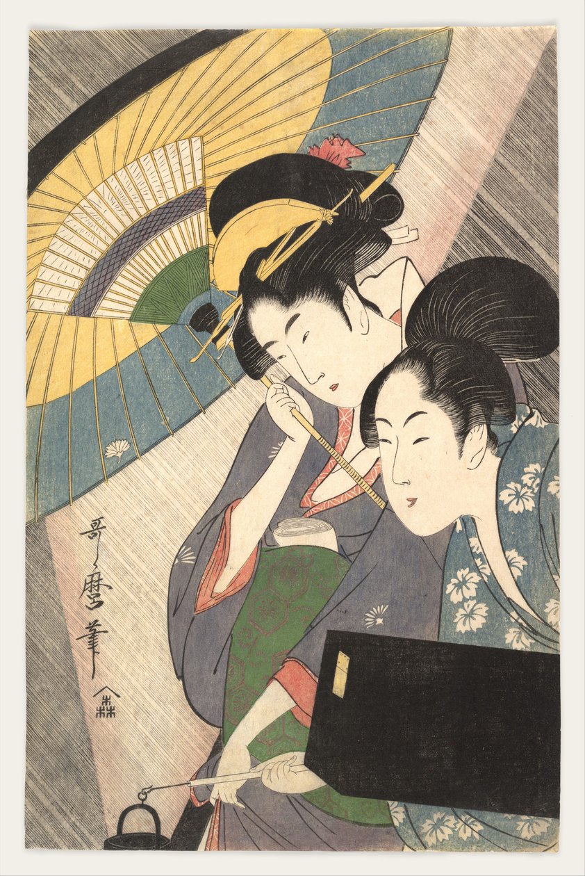 Zwei Frauen unter einem Regenschirm von Kitagawa Utamaro