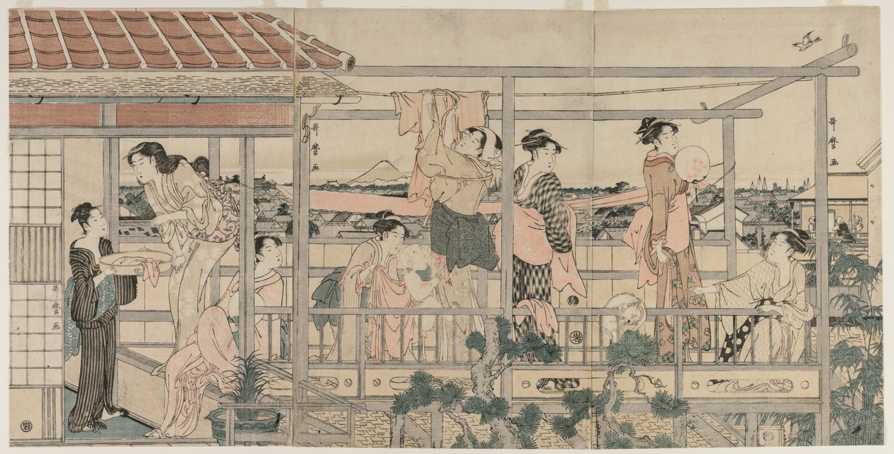 Frauen hängen Wäsche zum Trocknen auf einem Balkon auf, frühe 1790er Jahre von Kitagawa Utamaro