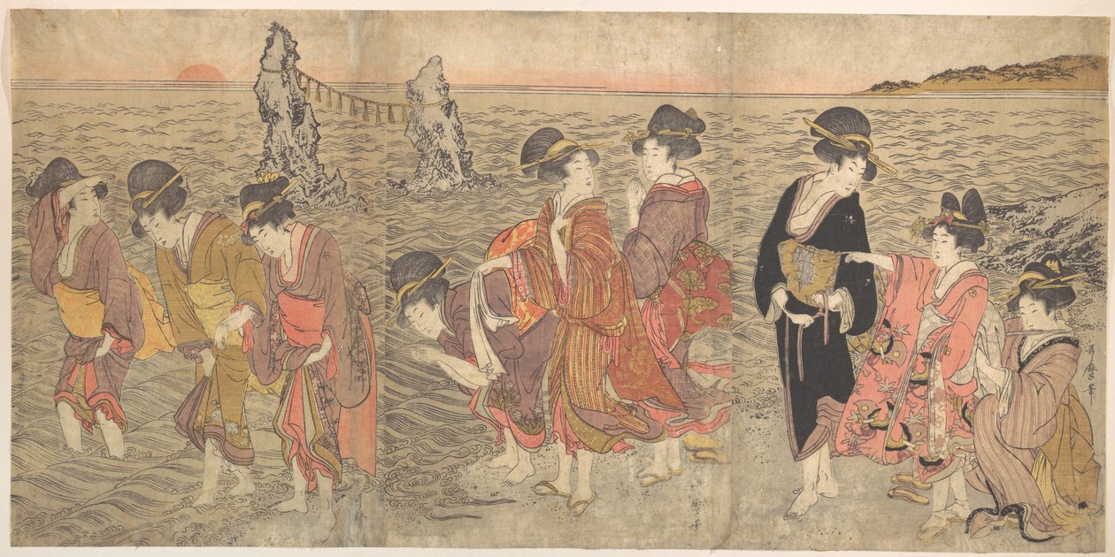 Frauen, die die aufgehende Sonne zwischen den Zwillingsfelsen von Ise verehren von Kitagawa Utamaro