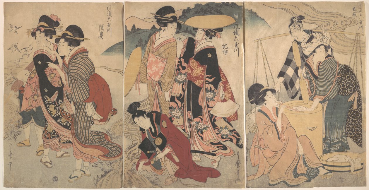 Frauen und ein Mann auf dem Land; irgendein Festzug(?) von Kitagawa Utamaro