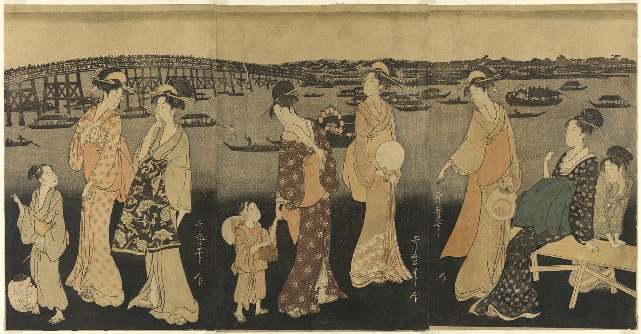 Frauen beobachten Feuerwerk am Sumida-Fluss von Kitagawa Utamaro