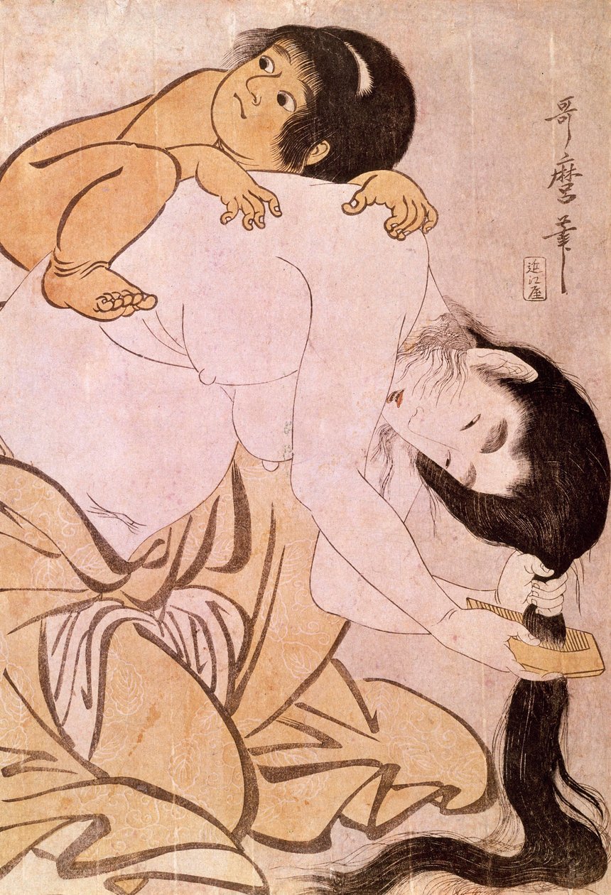 Yamauba und Kintoki. Die Mutter kämmt ihr Haar, während sie ihr Kind auf dem Rücken trägt. Japanischer Druck von Utamaro Kitagawa (1753-1806). 18. Jahrhundert. Paris, Guimet Museum, Museum für asiatische Kunst von Kitagawa Utamaro