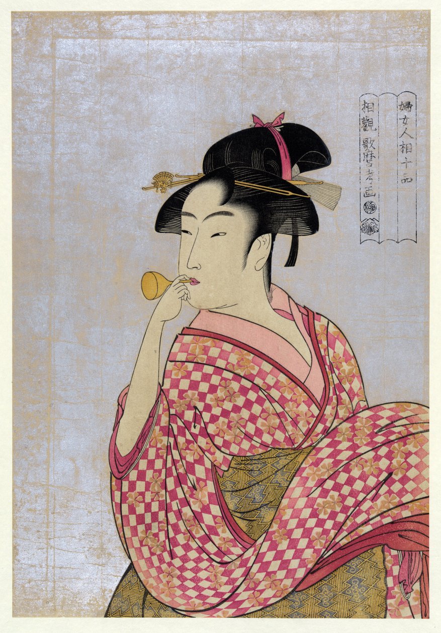 Junge Frau, die eine Glasröhre bläst, aus der Serie Zehn Typen im physiognomischen Studium der Frauen von Kitagawa Utamaro
