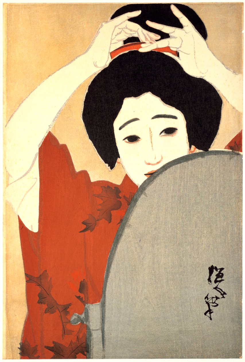 Frau, die ihr Haar vor dem Spiegel richtet, 1930 von Kitano Tsunetoni