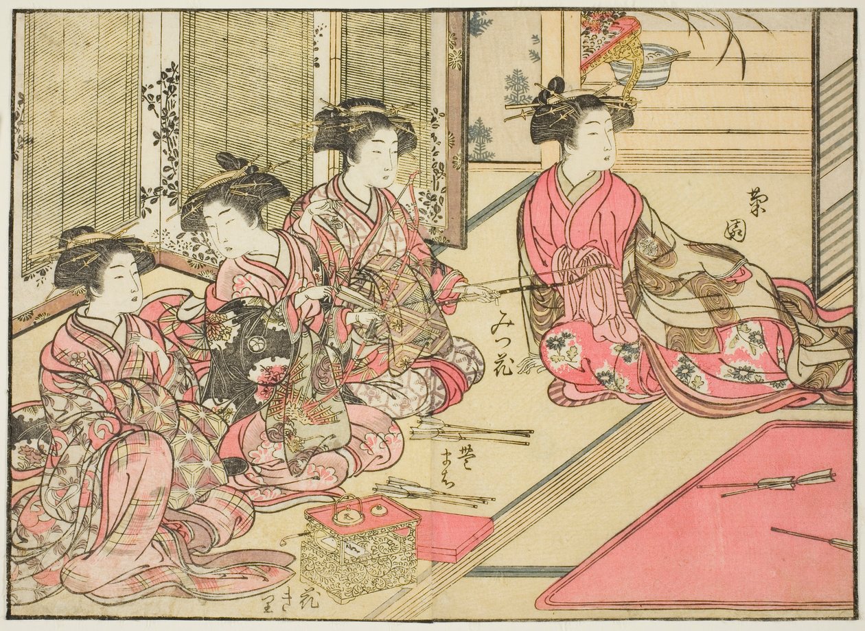 Kurtisanen von Kiriya, aus dem Buch "Spiegel der schönen Frauen der Vergnügungsviertel (Seiro bijin awase sugata kagami)," Bd. 2 von Kitao Shigemasa
