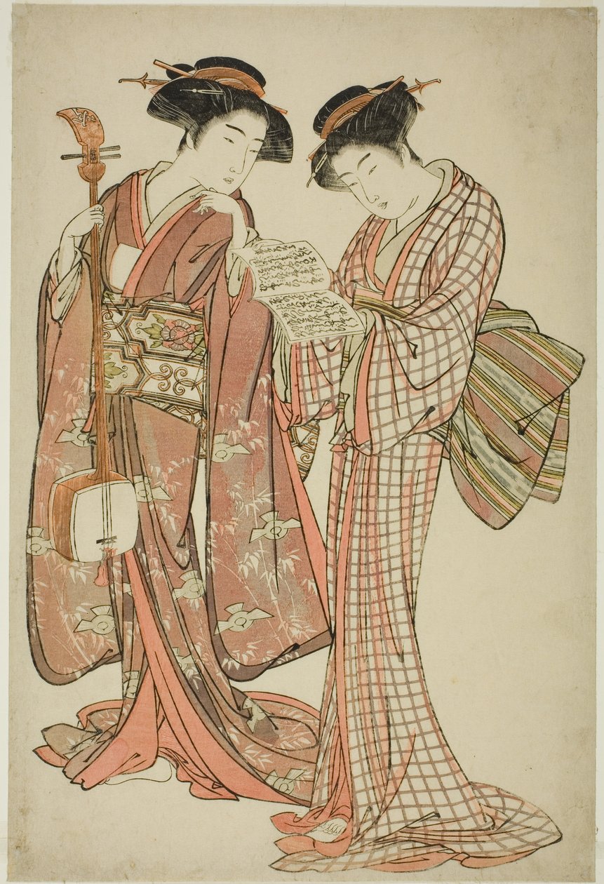 Zwei Geishas, die ein Shamisen und ein Liederbuch halten von Kitao Shigemasa
