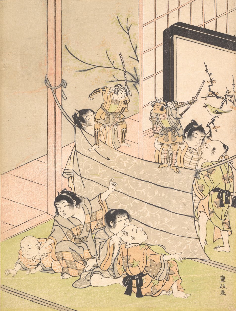 Junge Jungen führen ein Puppenspiel auf von Kitao Shigemasa