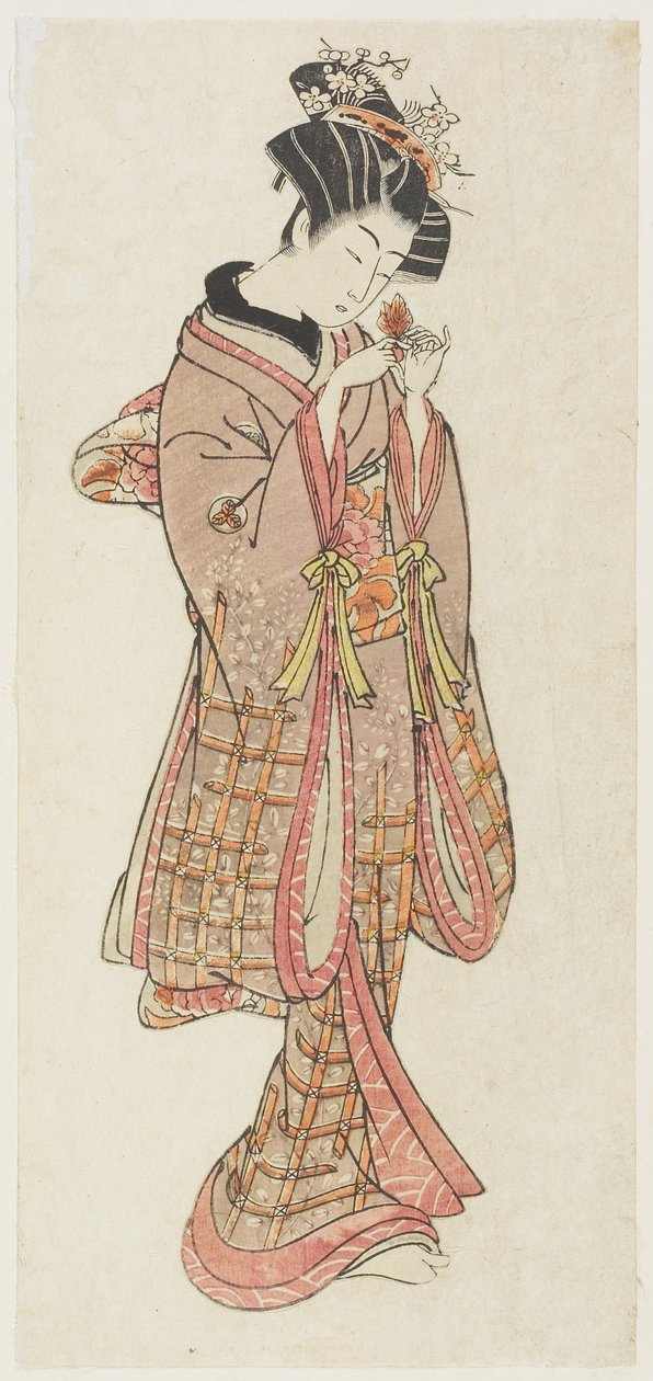 Junge Frau untersucht eine Lampionblume von Kitao Shigemasa