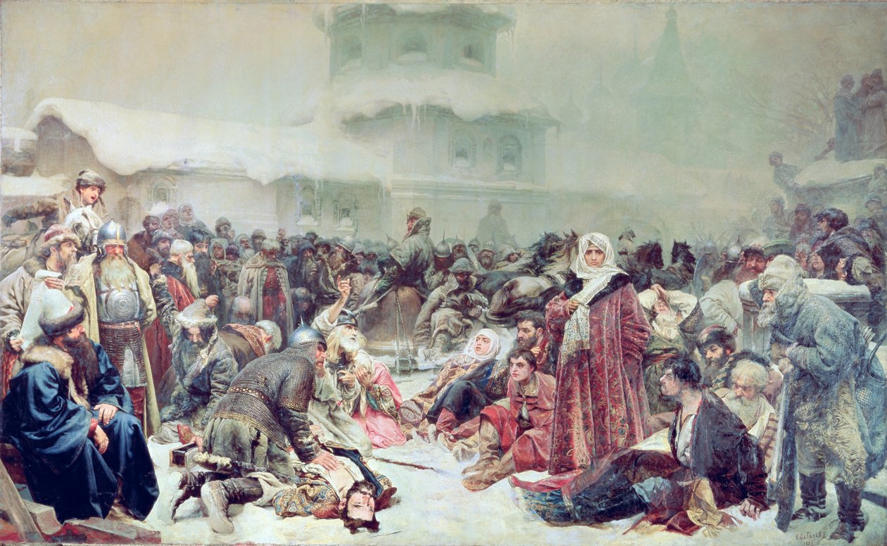 Zerstörung von Nowgorod durch Zar Iwan III. (1440-1505), 1889 von Klavdiy Vasilievich Lebedev