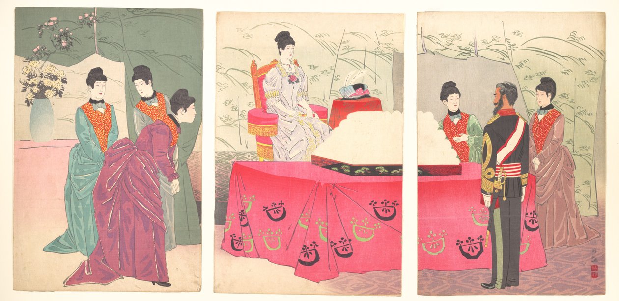 Illustration der Kaiserin, die das Hauptquartier des Generalstabs besucht [um ein Tablett mit Verbänden zu überreichen] von Kobayashi Kiyochika