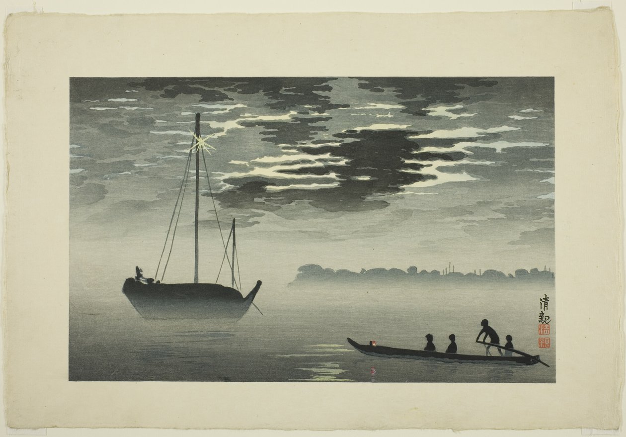 Mondlicht durch die Wolken vor der Küste von Haneda von Kobayashi Kiyochika