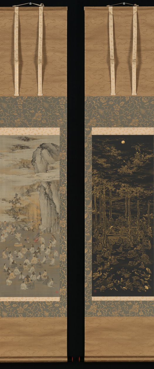 Die Sonnengöttin Amaterasu aus einer Höhle locken, Tod des historischen Buddha..., spätes 19. Jahrhundert von Kono Bairei