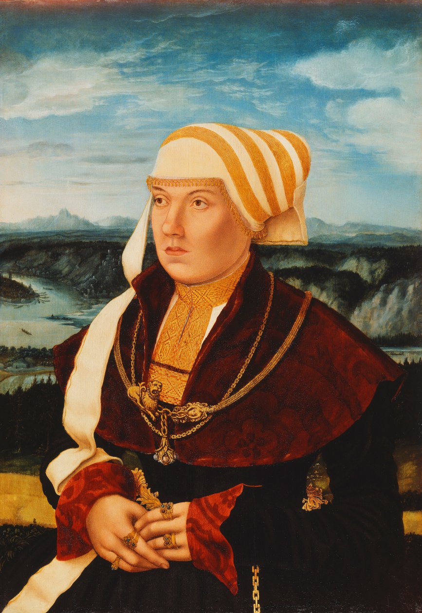 Porträt von Dorothea von Stralenburg, 26 Jahre alt, dreiviertel Länge, in einem roten und schwarzen Kleid mit goldenen Verzierungen, vor einer weiten Landschaft, 1533 von Konrad Faber von Kreuznach