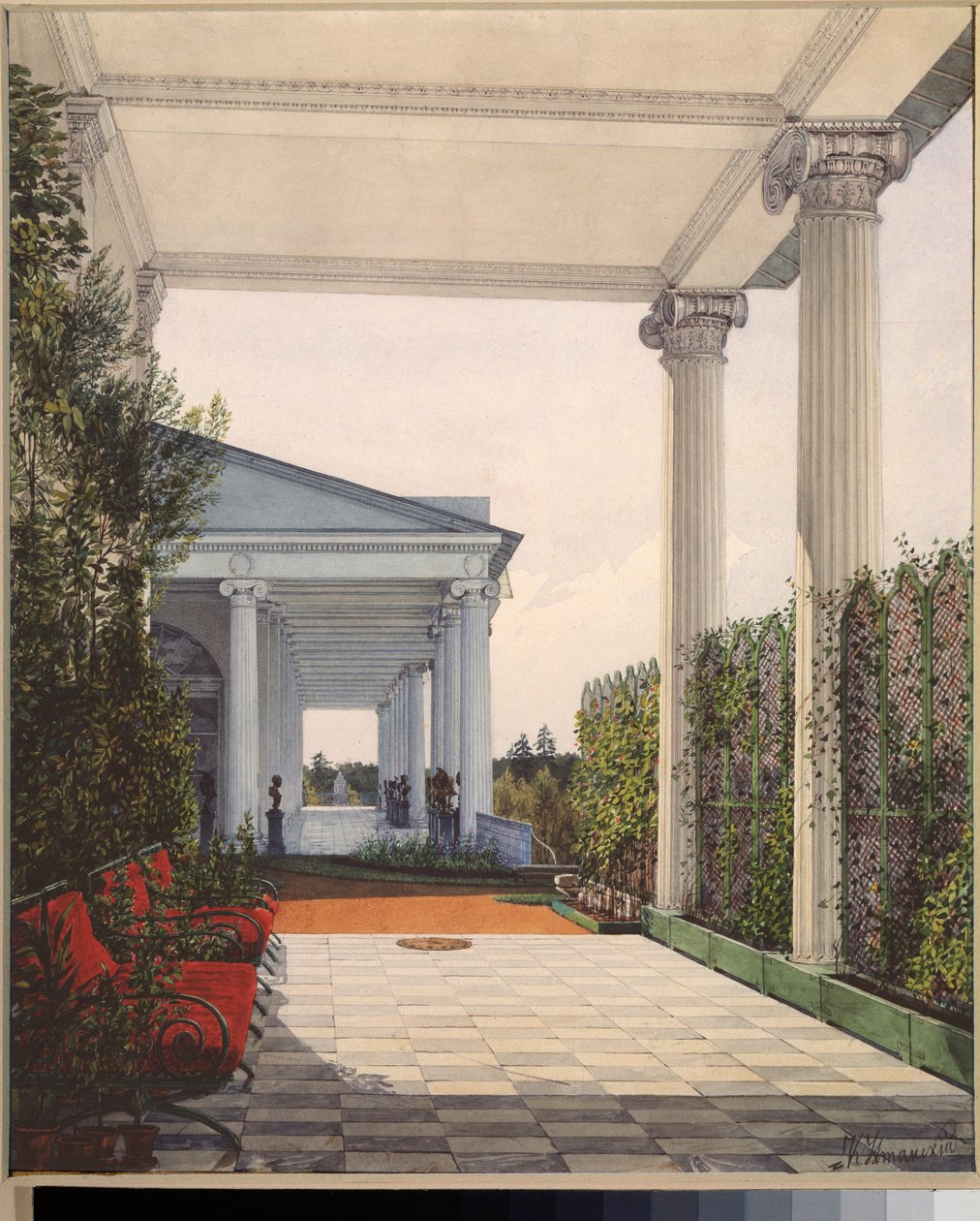 Ansicht der Kolonnade vom Zimmer der Kaiserin Maria Alexandrowna im Großen Palast von Zarskoje Selo von Konstantin Andreyevich Ukhtomsky