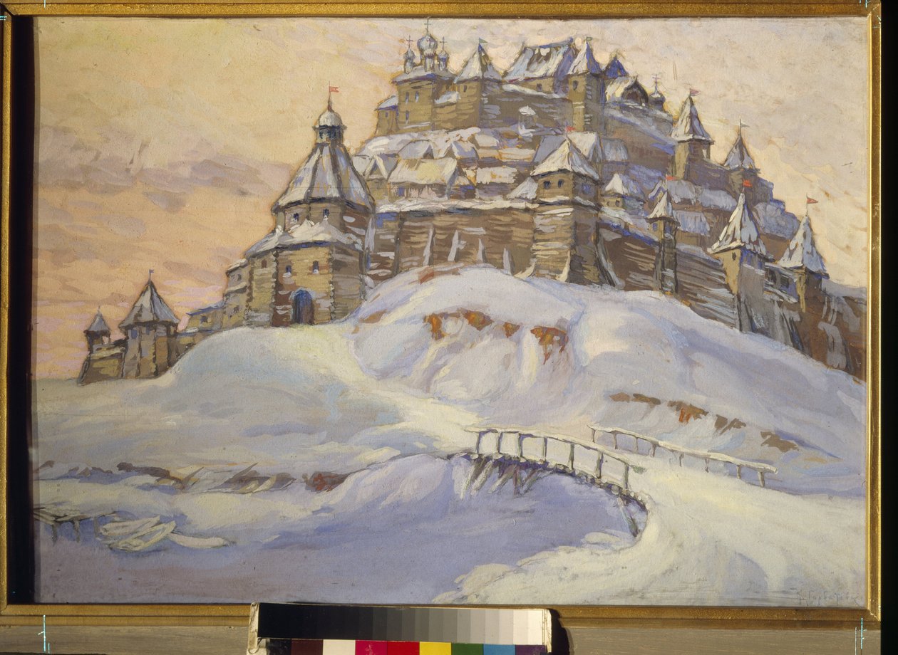 Festung des alten Russland. (Holzbefestigte Stadt, im Schnee in der Ukraine im Mittelalter). Werk von Konstantin (Constantin) Ivanovich Gorbatov (1876-1945), Tempera auf Holz, Anfang des 20. Jahrhunderts. Private Sammlung von Konstantin Ivanovich Gorbatov