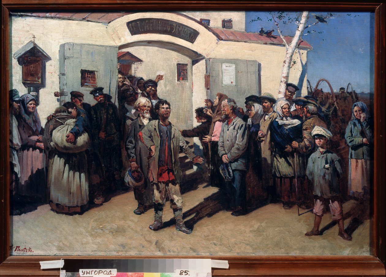 Rückkehr zur Freiheit. (Befreiung der Gefangenen eines Zuchthauses, ihre Augen sind zum Himmel gerichtet und eine bewegte Menge erwartet sie). Gemälde von Konstantin Petrovich Pyneev (1868-1922), Öl auf Leinwand. Russische Kunst von Konstantin Petrovich Pyneev