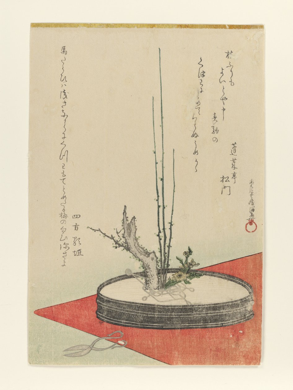 Anordnung von Pflaume, Fukujusō (Adonisblume) und Schere von Kubo Shunman