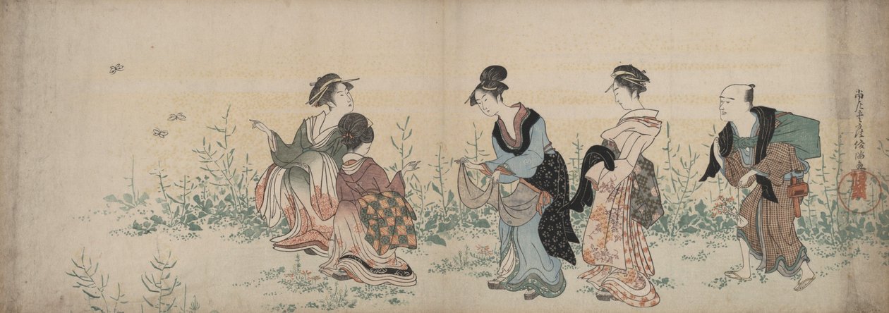 Vier Mädchen und ein Diener genießen Wildblumen und Schmetterlinge von Kubo Shunman