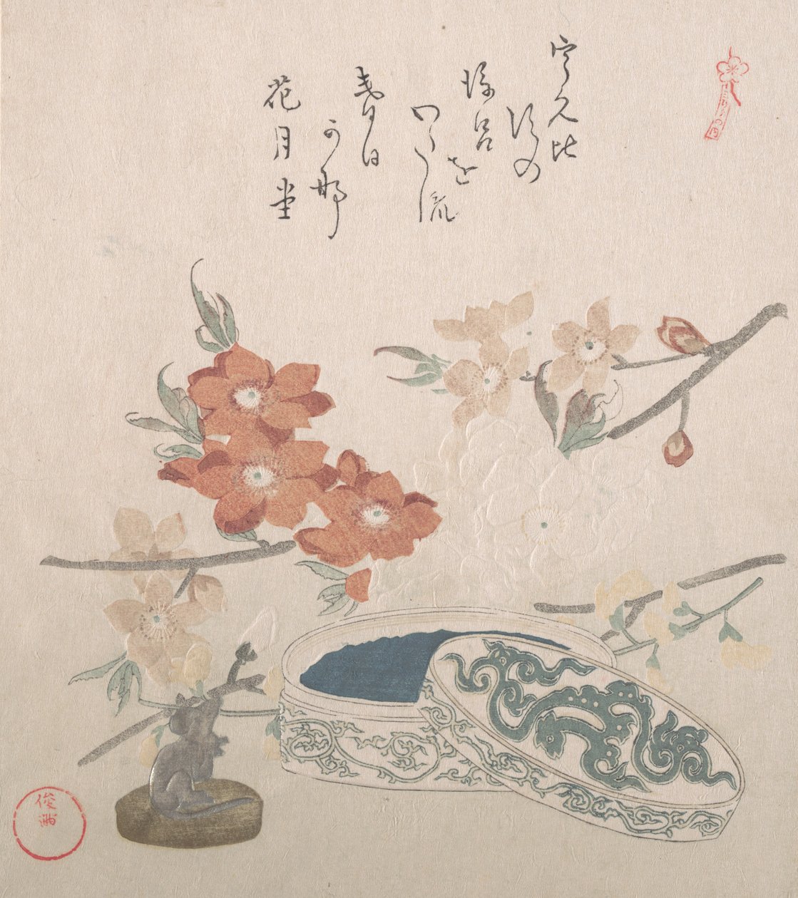 Pfirsichblüten, ein Siegel und eine Siegelbox von Kubo Shunman