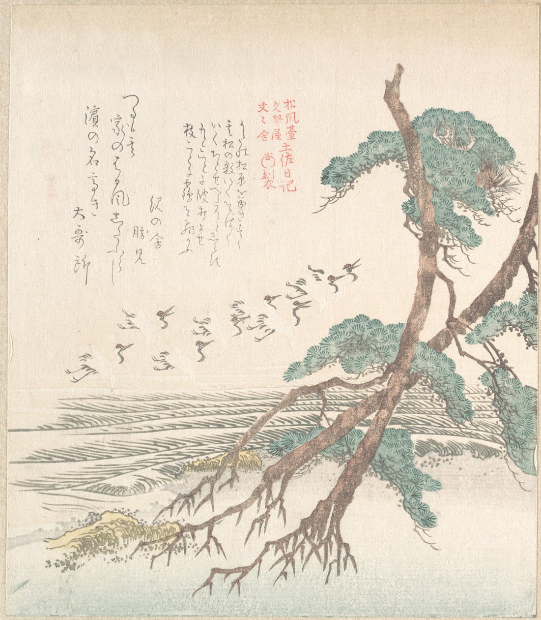 Landschaft am Meer mit Kiefern und fliegenden Kranichen von Kubo Shunman