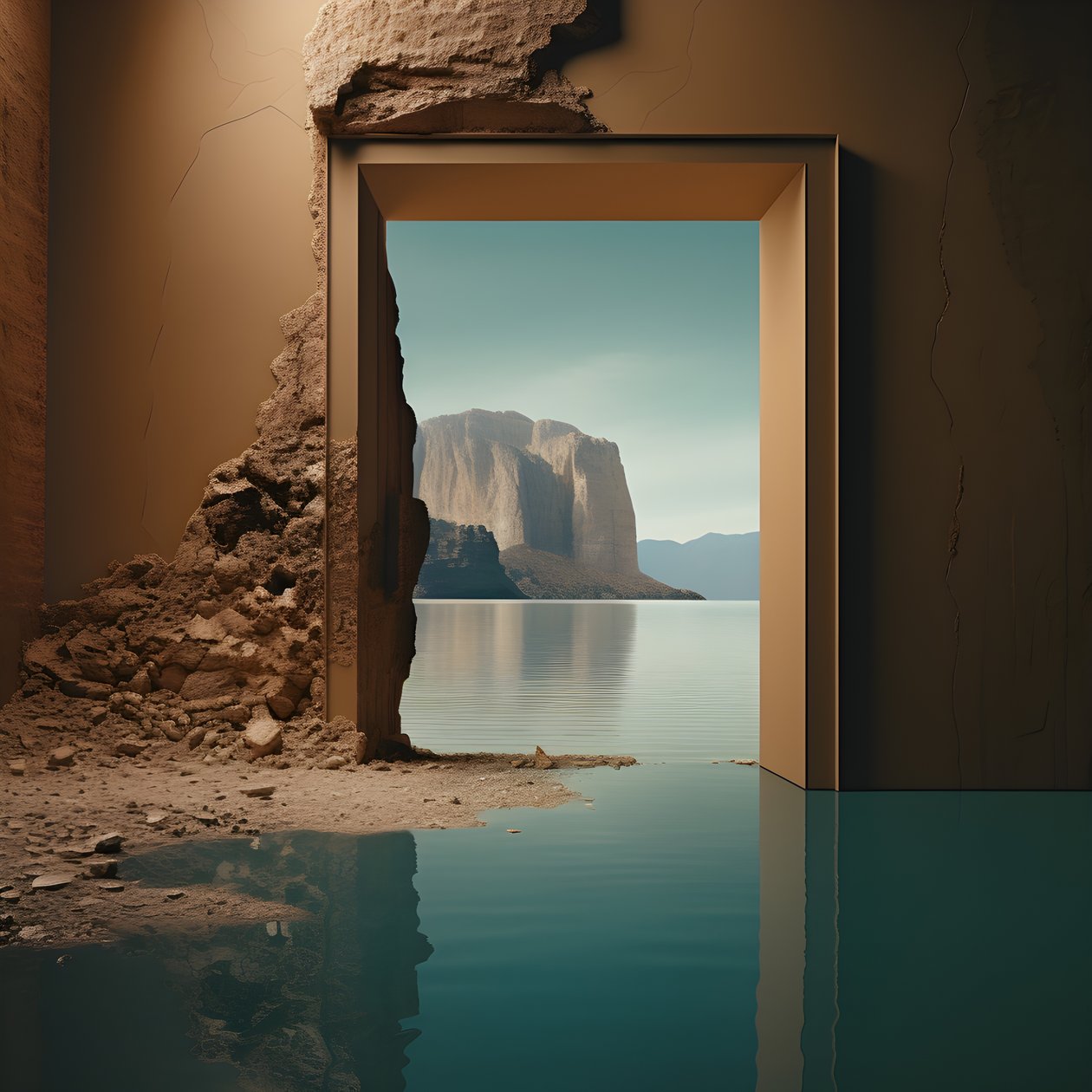 Ein Bild eines ungenutzten Raums mit einem riesigen See und einer Wüste in einem großen Loch, Futurecore, hoher Kontrast, Chiaroscuro, warme Töne 3 von Kurt Heppke
