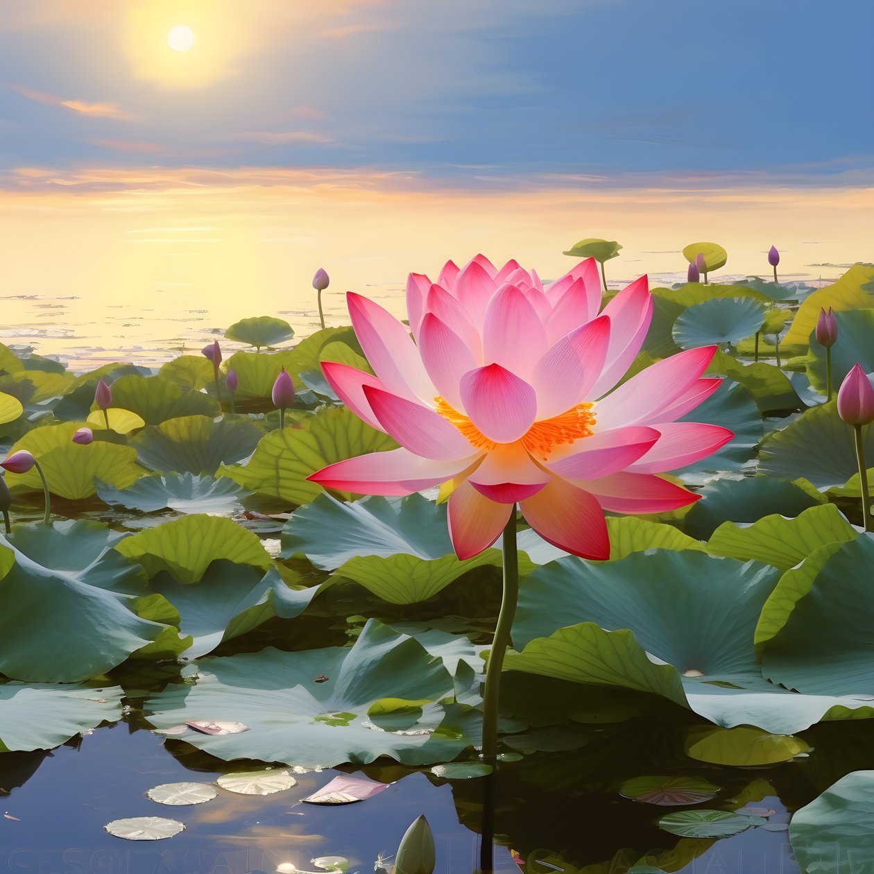 Auf der klaren Wasseroberfläche blühen große und schöne Lotusblumen, grüne Lotusblätter und Tau auf den Lotusblumen. Der Sonnenuntergang leuchtet auf der Wasseroberfläche 2 von Kurt Heppke