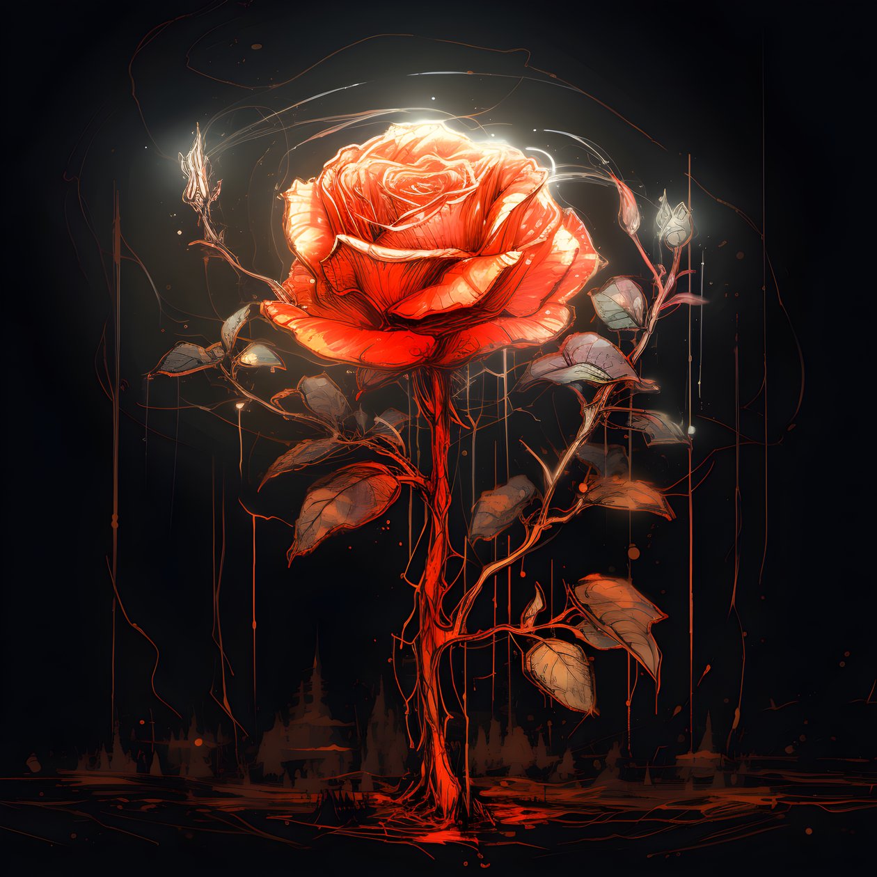 Eine Skizze einer blühenden roten Rose, mit nur einer Blüte und einigen detaillierten Linien von Kurt Heppke