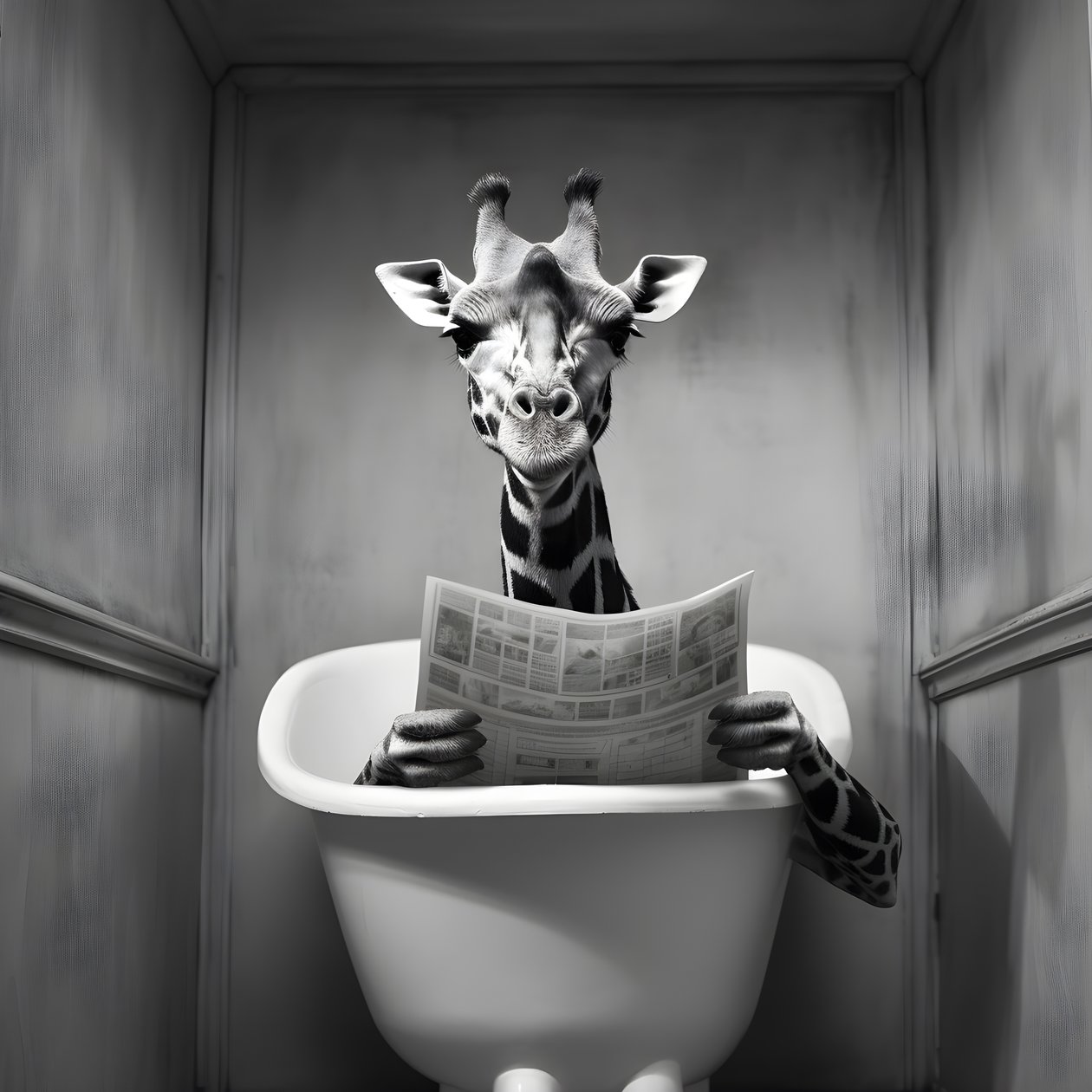 Glückliche Giraffe sitzt auf Toilette mit Zeitung 1 von Kurt Heppke