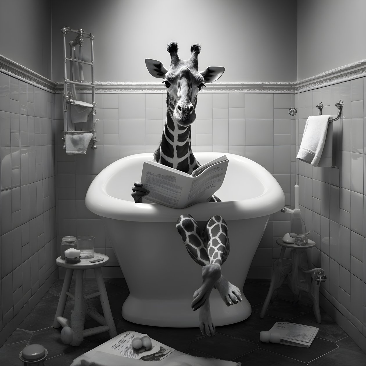 Glückliche Giraffe sitzt auf Toilette mit Zeitung 2 von Kurt Heppke