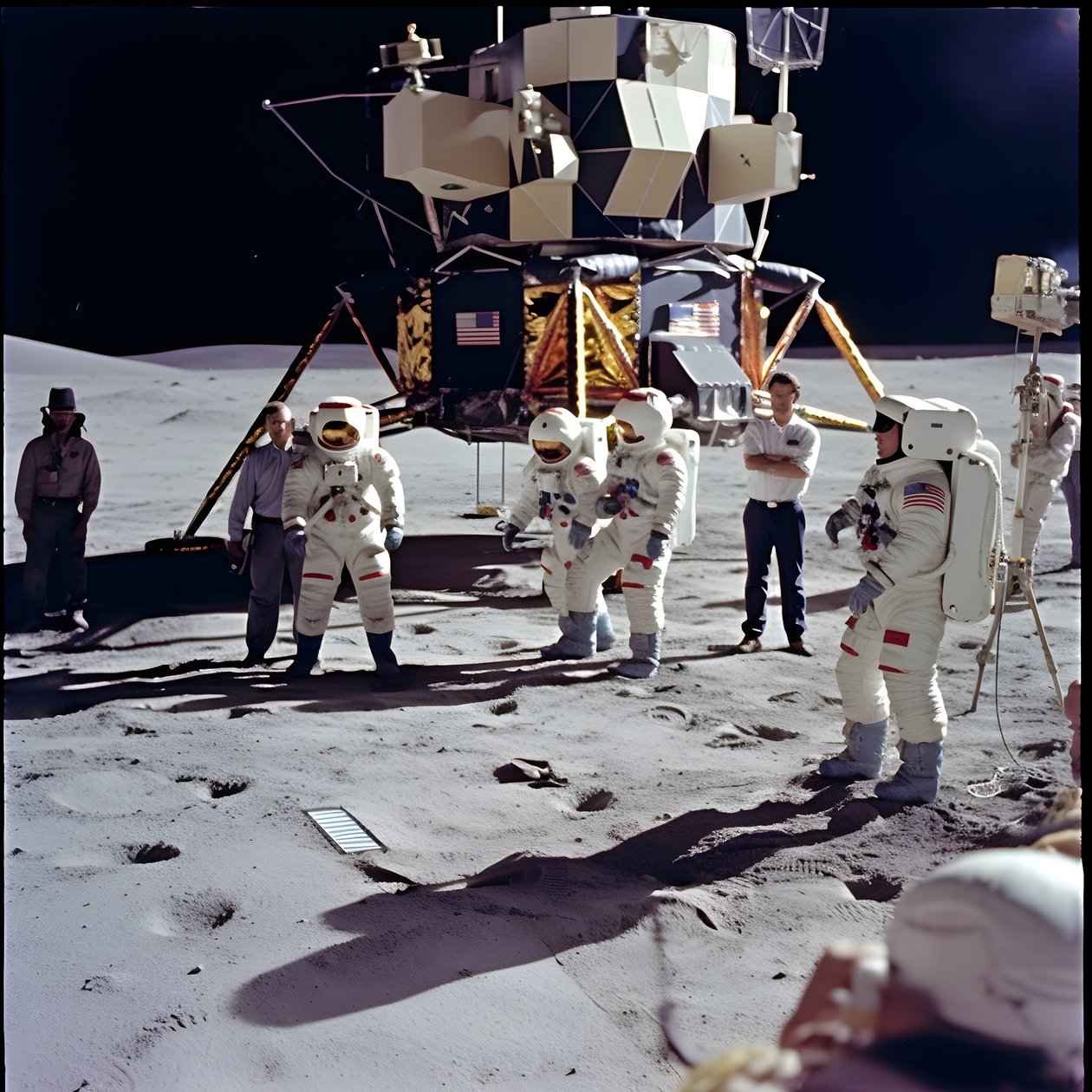 Gruppe von Menschen mit TV-Kamera, die die Fälschung des Apollo 11-Projekts zeigen sollen 1 von Kurt Heppke