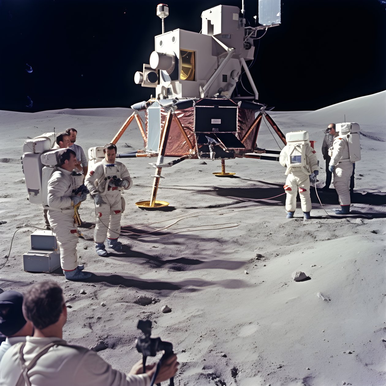 Gruppe von Menschen mit TV-Kamera, die die Fälschung des Apollo 11-Projekts zeigen sollen 2 von Kurt Heppke