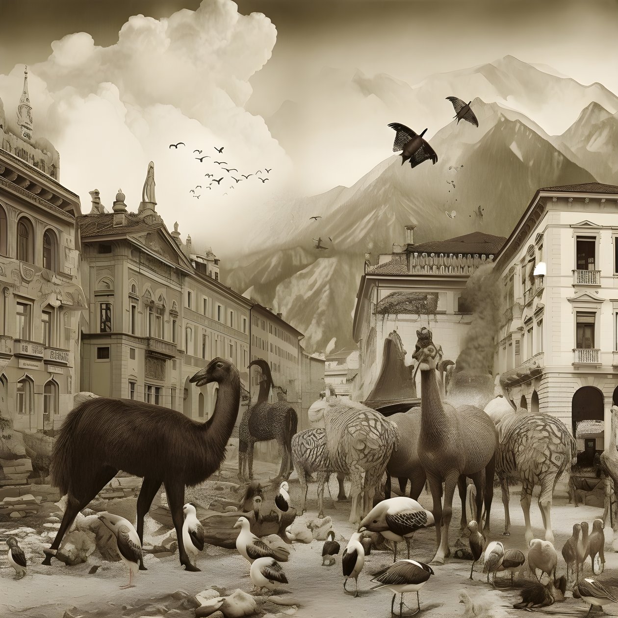 Innsbruck in einer alten Fotografie mit eleganten Zebras, Möwen, Affen und Tonfiguren. 3 von Kurt Heppke