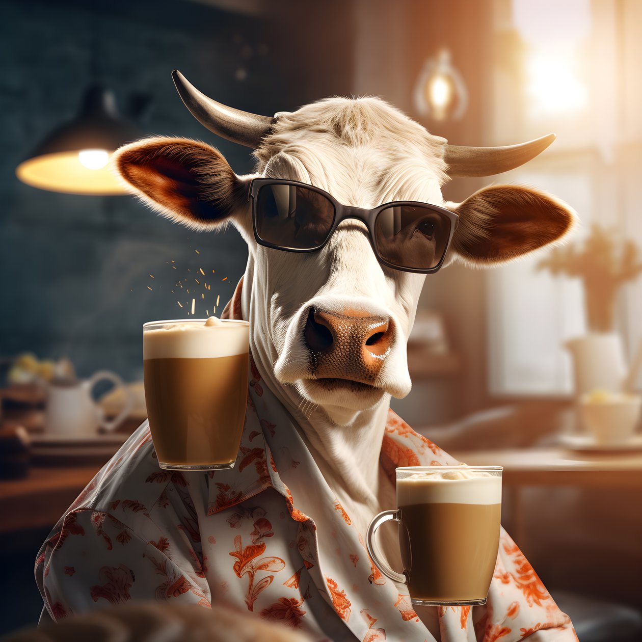 Kuh mit Sonnenbrille und Blick auf kalten Kaffee von Kurt Heppke