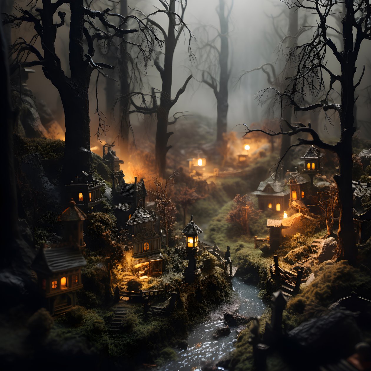Miniatur-Tilt-Shift-Halloween-Wald mit nebligen Bäumen und einer gespenstischen Atmosphäre 2 von Kurt Heppke