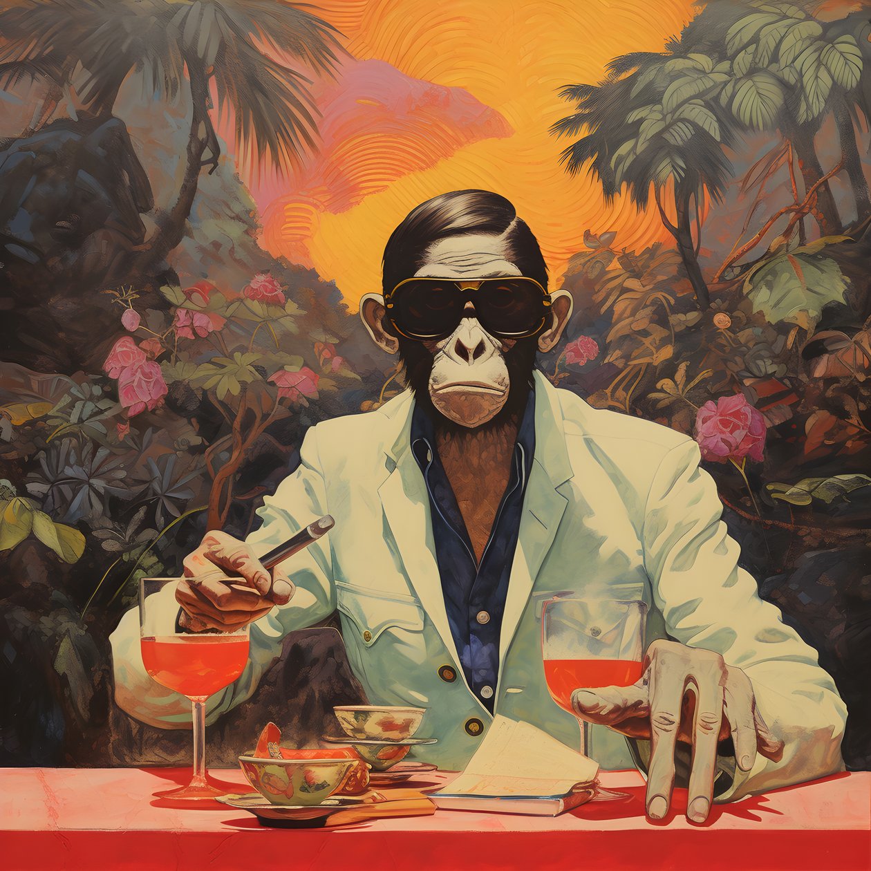 Nahaufnahme eines coolen Affen in einem japanischen Kimono, mit Sonnenbrille, in einer tropischen Landschaft von Kurt Heppke