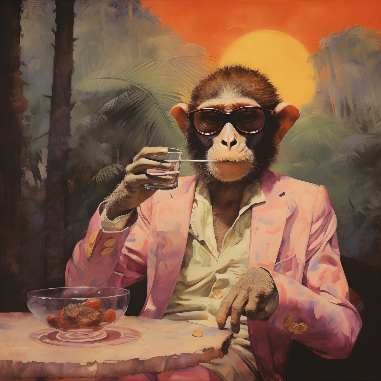 Nahaufnahme eines coolen Affen in einem japanischen Kimono, mit Sonnenbrille, in einer tropischen Landschaft von Kurt Heppke