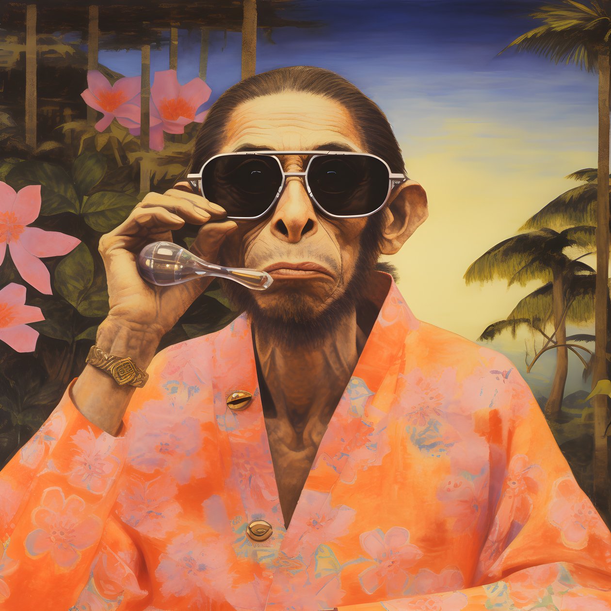 Nahaufnahme eines coolen Affen in einem japanischen Kimono, mit Sonnenbrille, in einer tropischen Landschaft von Kurt Heppke