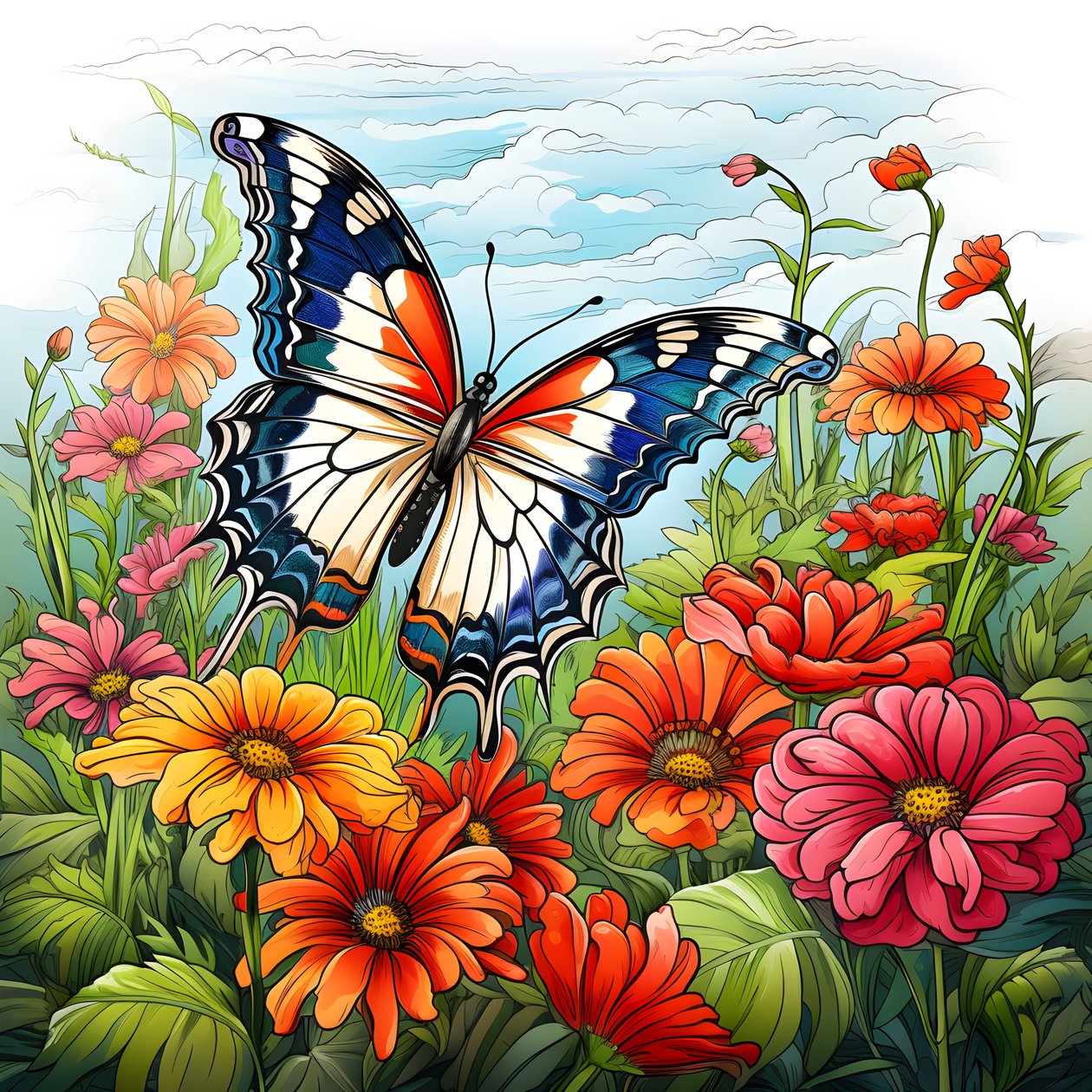 Schmetterling auf einer Wiese mit einem Spalier aus Blumen 3 von Kurt Heppke