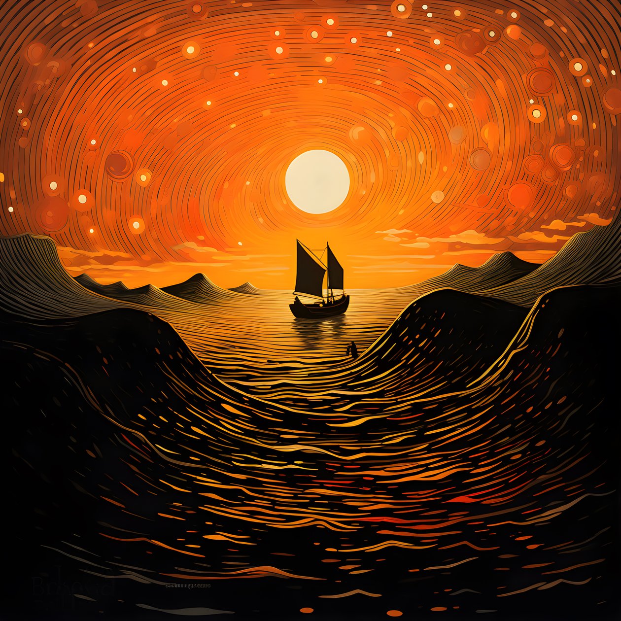 Sonnenuntergang, orange-gelbe Sonne, Wolken, fünf rotierende Kreise von Wolken in einem großen Himmel, punktförmige Wellen und orange-gelbe Sonnenuntergangswolken, die sich auf den Wellen spiegeln, ein Boot fährt aufs Meer hinaus 2 von Kurt Heppke