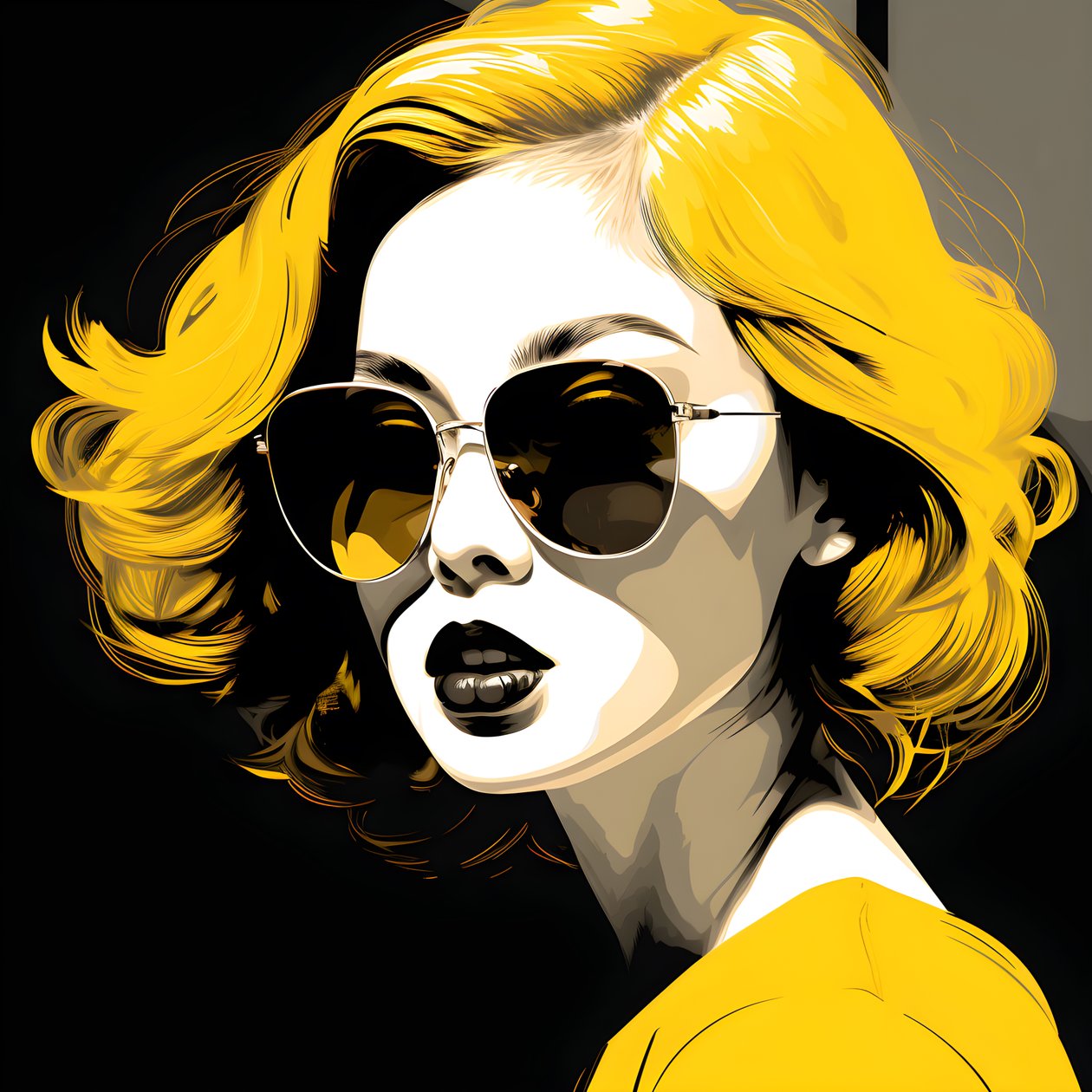 Eine Illustration eines Mädchens mit gelber Sonnenbrille, Haaren im Gesicht und Ohren, im Stil der Film-Noir-Ästhetik 4 von Kurt Heppke