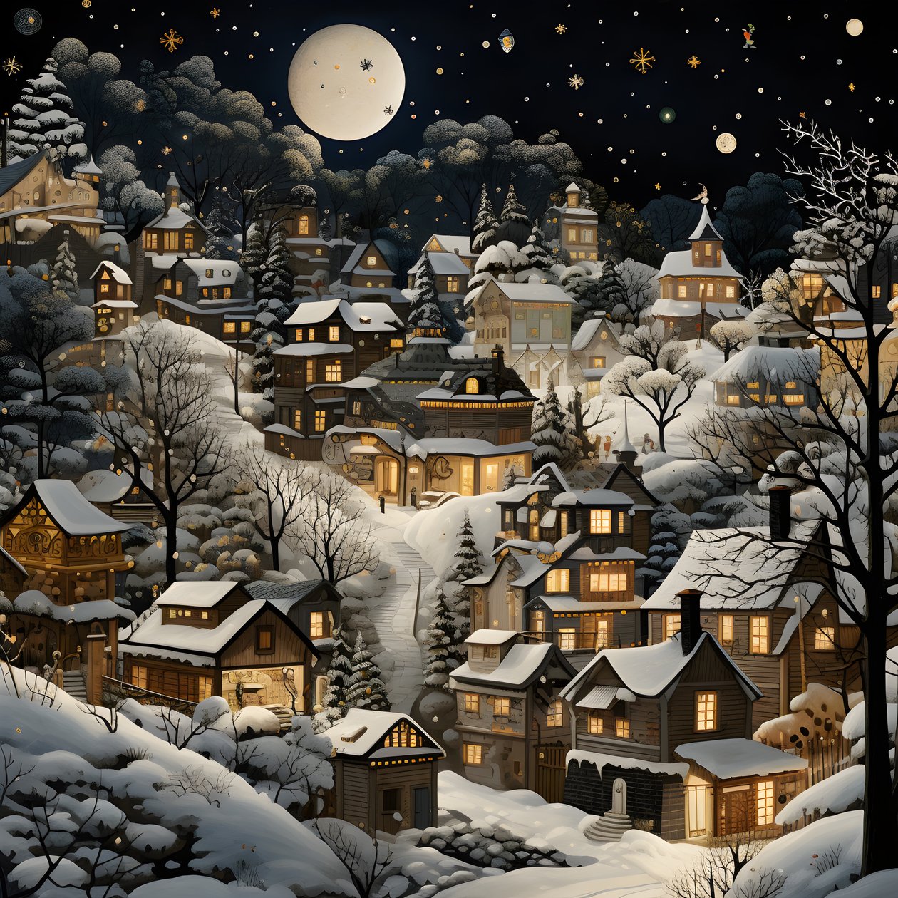 Ein Dorf bei Nacht unter verschneiten Bäumen von Kurt Heppke