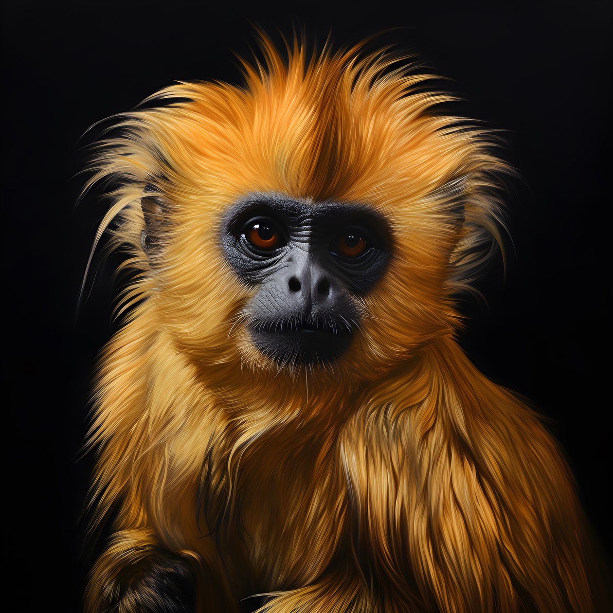Ein Gemälde des Gesichts eines Goldlangurs mit schwarzem Hintergrund 2 von Kurt Heppke