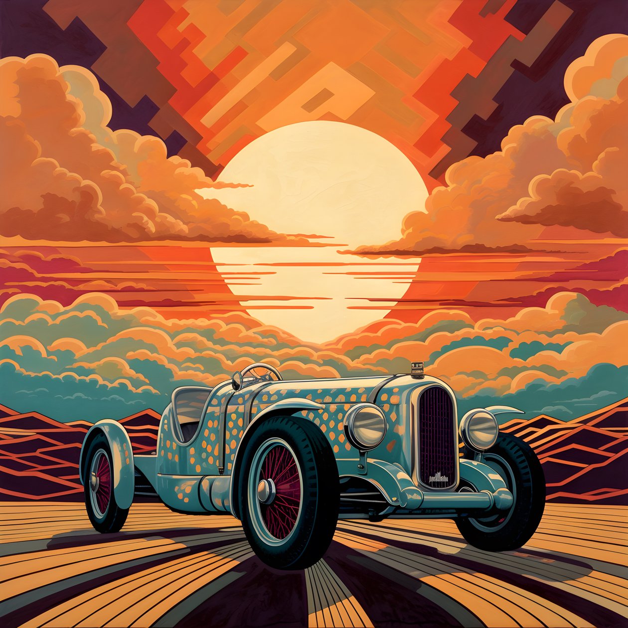 Schönes, elegantes, minimalistisches, gestepptes Meisterwerk im künstlerischen Stil von Shepard Fairey zum Gedenken an den Grand Prix von Monaco 1940, historische Rennwagen, die gegeneinander antreten 3 von Kurt Heppke